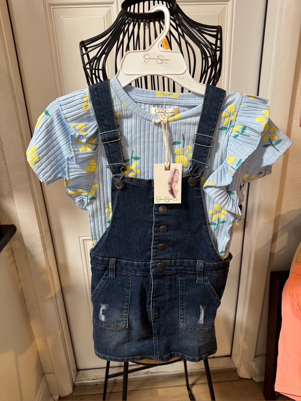 Jessica Simpson Light Blue Floral Ribbed Top with Dark Denim Overalls